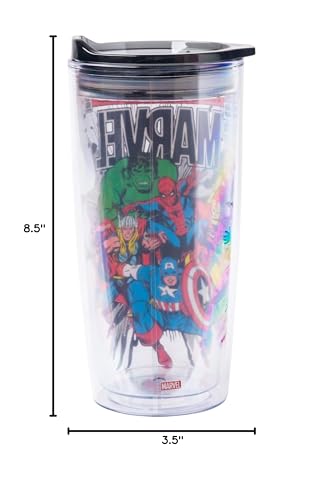 Silver Buffalo Retro Marvel Comics Avengers Double Wall Travel Tumbler with Slide Close Lid Spider-Man, Captain America, Thor, Hulk, and Iron Man, 20 Ounces