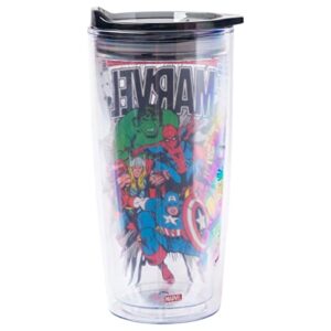 Silver Buffalo Retro Marvel Comics Avengers Double Wall Travel Tumbler with Slide Close Lid Spider-Man, Captain America, Thor, Hulk, and Iron Man, 20 Ounces