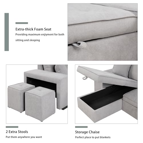 P PURLOVE Sectional Sofa with Pull-Out Sleeper Sofa Bed, Reversible Sectional Sofa with Storage Chaise and 2 Stools, L Shaped Couch Set for Living Room Apartment, Gray