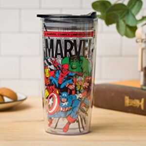 Silver Buffalo Retro Marvel Comics Avengers Double Wall Travel Tumbler with Slide Close Lid Spider-Man, Captain America, Thor, Hulk, and Iron Man, 20 Ounces