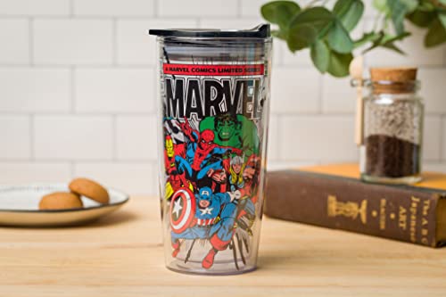 Silver Buffalo Retro Marvel Comics Avengers Double Wall Travel Tumbler with Slide Close Lid Spider-Man, Captain America, Thor, Hulk, and Iron Man, 20 Ounces