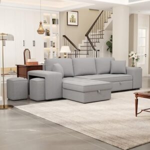 P PURLOVE Sectional Sofa with Pull-Out Sleeper Sofa Bed, Reversible Sectional Sofa with Storage Chaise and 2 Stools, L Shaped Couch Set for Living Room Apartment, Gray