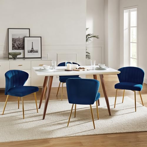 HULALA HOME Velvet Dining Chairs, Modern Small Armless Accent Chair with Gold Metal Legs, Living Room Upholstered Cute Side Chair, Elegant Tufted Back Vanity Chair for Bedroom/Beauty Room-Navy