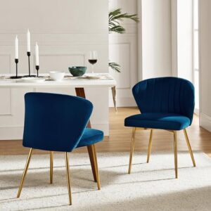 HULALA HOME Velvet Dining Chairs, Modern Small Armless Accent Chair with Gold Metal Legs, Living Room Upholstered Cute Side Chair, Elegant Tufted Back Vanity Chair for Bedroom/Beauty Room-Navy