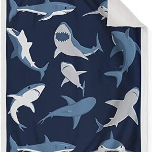 Jekeno Cartoon Shark Sherpa Blanket Blue Soft Warm Print Throw Blanket for Kids Adult Office Gift 50"x60"