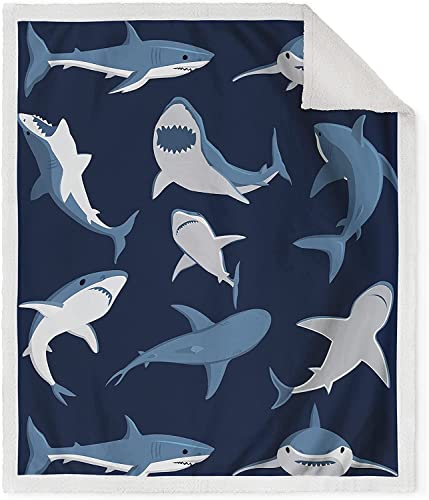 Jekeno Cartoon Shark Sherpa Blanket Blue Soft Warm Print Throw Blanket for Kids Adult Office Gift 50"x60"