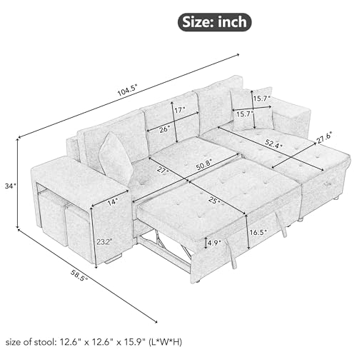 P PURLOVE Sectional Sofa with Pull-Out Sleeper Sofa Bed, Reversible Sectional Sofa with Storage Chaise and 2 Stools, L Shaped Couch Set for Living Room Apartment, Gray