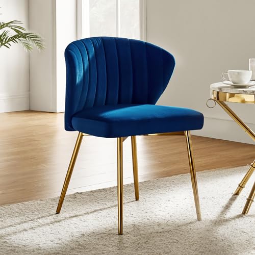 HULALA HOME Velvet Dining Chairs, Modern Small Armless Accent Chair with Gold Metal Legs, Living Room Upholstered Cute Side Chair, Elegant Tufted Back Vanity Chair for Bedroom/Beauty Room-Navy