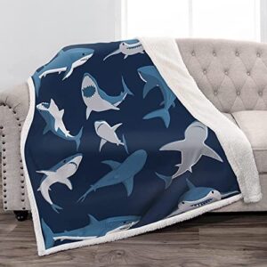 jekeno cartoon shark sherpa blanket blue soft warm print throw blanket for kids adult office gift 50"x60"