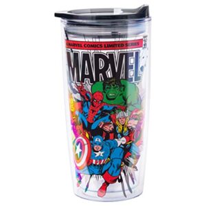 silver buffalo retro marvel comics avengers double wall travel tumbler with slide close lid spider-man, captain america, thor, hulk, and iron man, 20 ounces