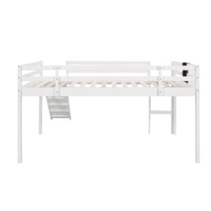 CITYLIGHT Full Size Loft Bed with Slide, Kids Low Loft Bed Frame with Chalkboard for Boys & Girls, Wood Full Slide Loft Bed with Under-Bed Space Storage (White, Full)