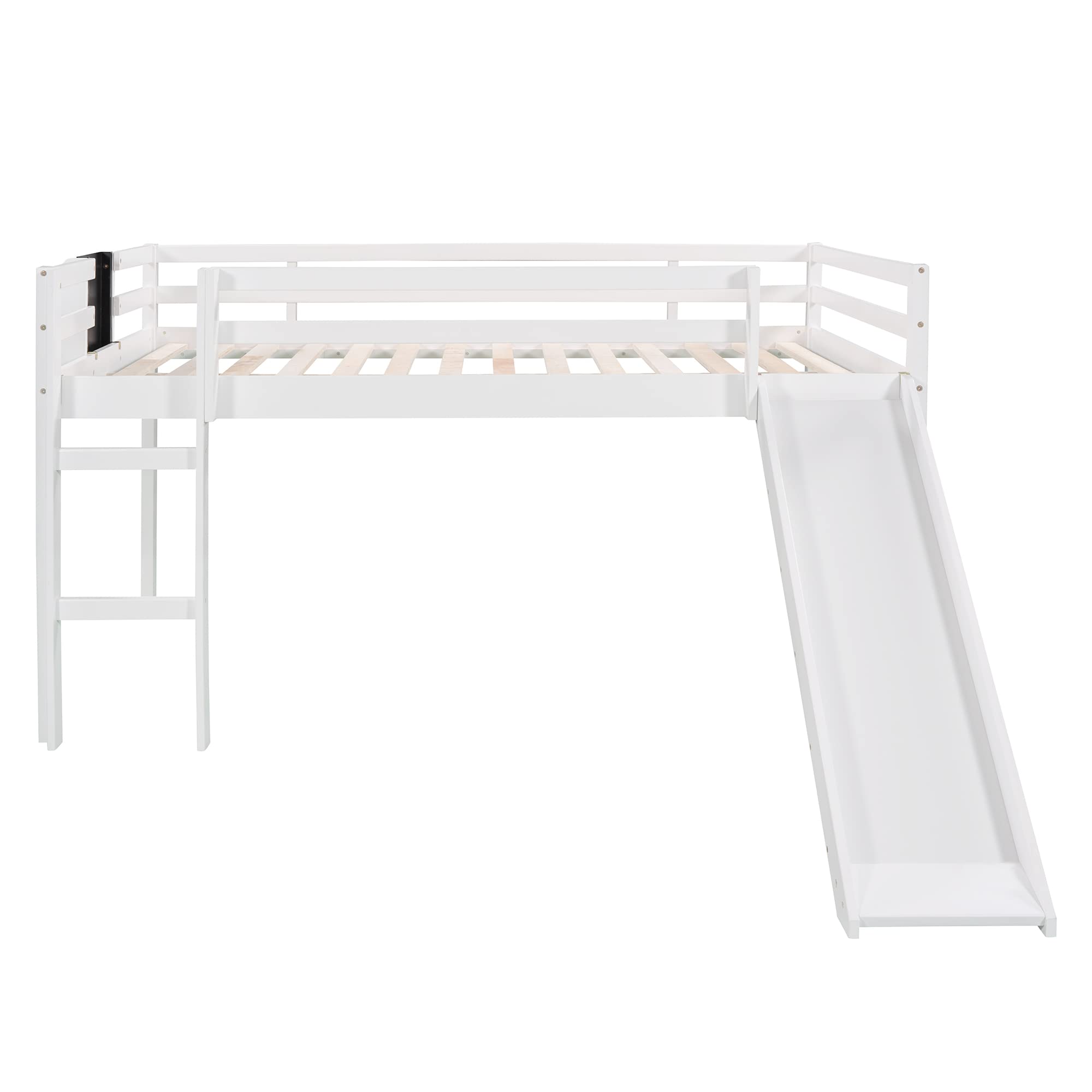 CITYLIGHT Full Size Loft Bed with Slide, Kids Low Loft Bed Frame with Chalkboard for Boys & Girls, Wood Full Slide Loft Bed with Under-Bed Space Storage (White, Full)