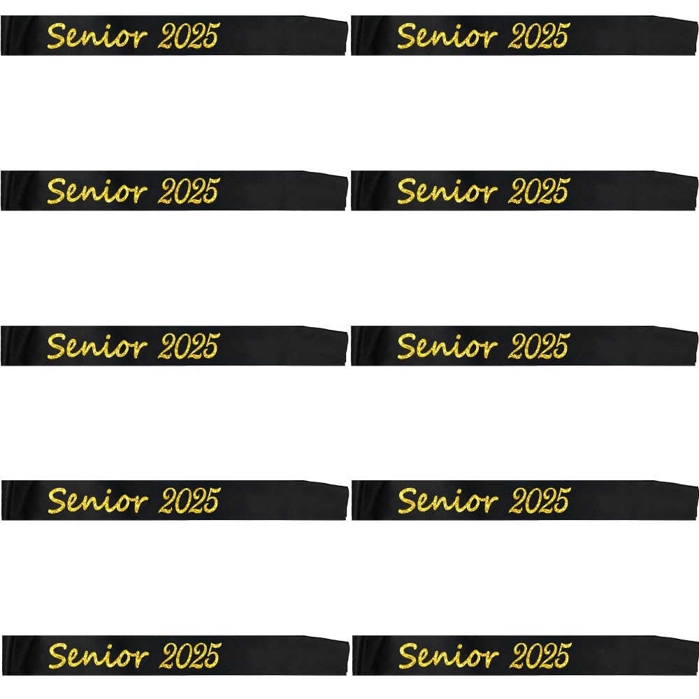 SWYOUN 10PCS Glitter Senior 2025 Satin Sash Cheerleader Sash Graduation Party Decoration Class Of 2025 Celebration Party Supplies(Gold)