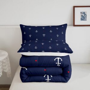 Anchor Comforter Set Full,Nautical Themed Bedding Set 3pcs for Kids Teens Boys Room Decor,Lovely Small Heart Bedding Comforter Navy Blue Microfiber Down Comforter with 2 Pillowcases