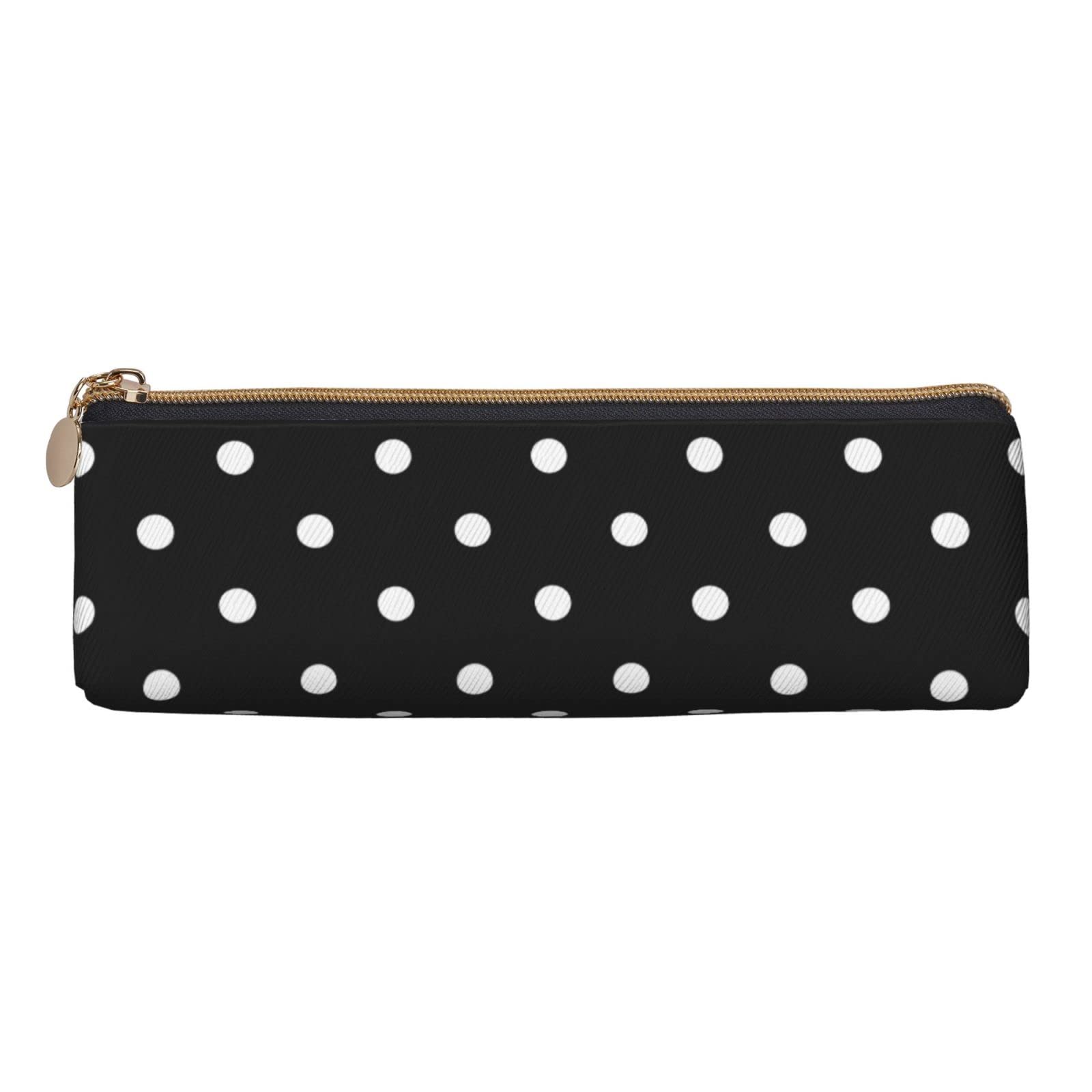 Ykklima Polka Dot Black and White Simple Pattern Leather Pencil Case Zipper Pen Makeup Cosmetic Holder Pouch Stationery Bag for School, Work, Office