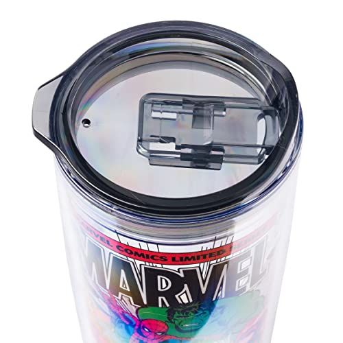 Silver Buffalo Retro Marvel Comics Avengers Double Wall Travel Tumbler with Slide Close Lid Spider-Man, Captain America, Thor, Hulk, and Iron Man, 20 Ounces