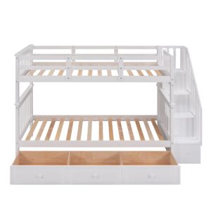 Twin Over Twin Bunk Bed with Stairs and 3 Storage Drawers, Solid Wood Bunk Bed Frame with Storage for Kids, Teens, Adults, Bedroom, Dorm. No Box Spring Needed (White)