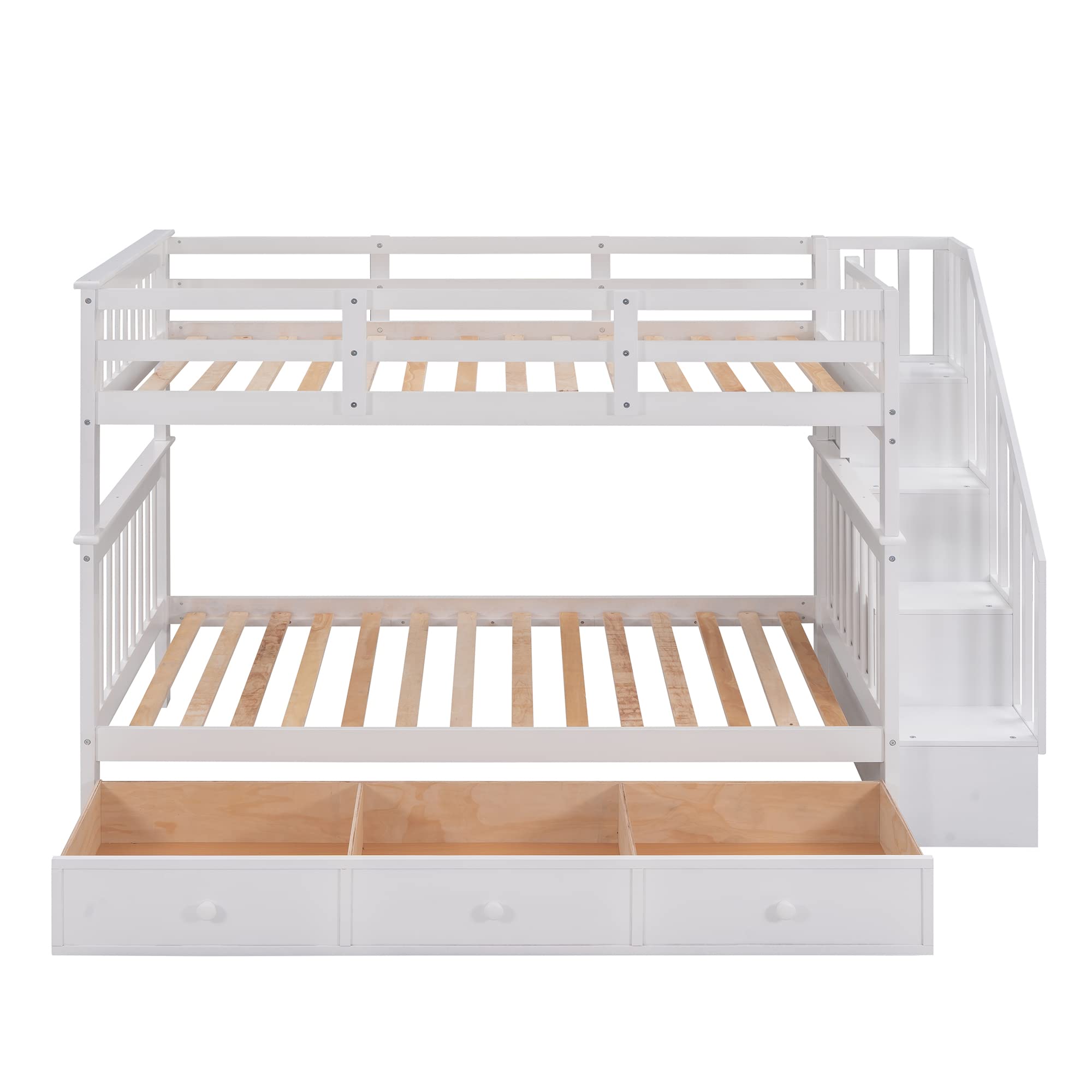 Twin Over Twin Bunk Bed with Stairs and 3 Storage Drawers, Solid Wood Bunk Bed Frame with Storage for Kids, Teens, Adults, Bedroom, Dorm. No Box Spring Needed (White)