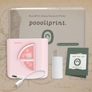 poooliprint le inkless pocket printer - mini phone bluetooth portable poooli thermal printer for ios + android print sticky photos, labels, notes, lists for journal, pink