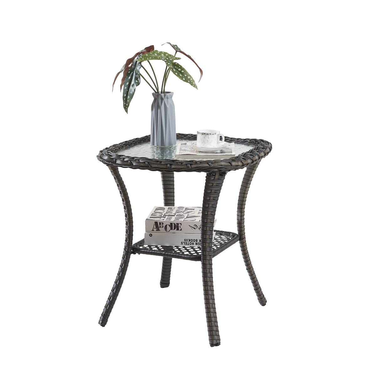 HUMMUH Patio Wicker Side Table Outdoor, Rattan End Table Glass Top Coffee Table with Storage Grey