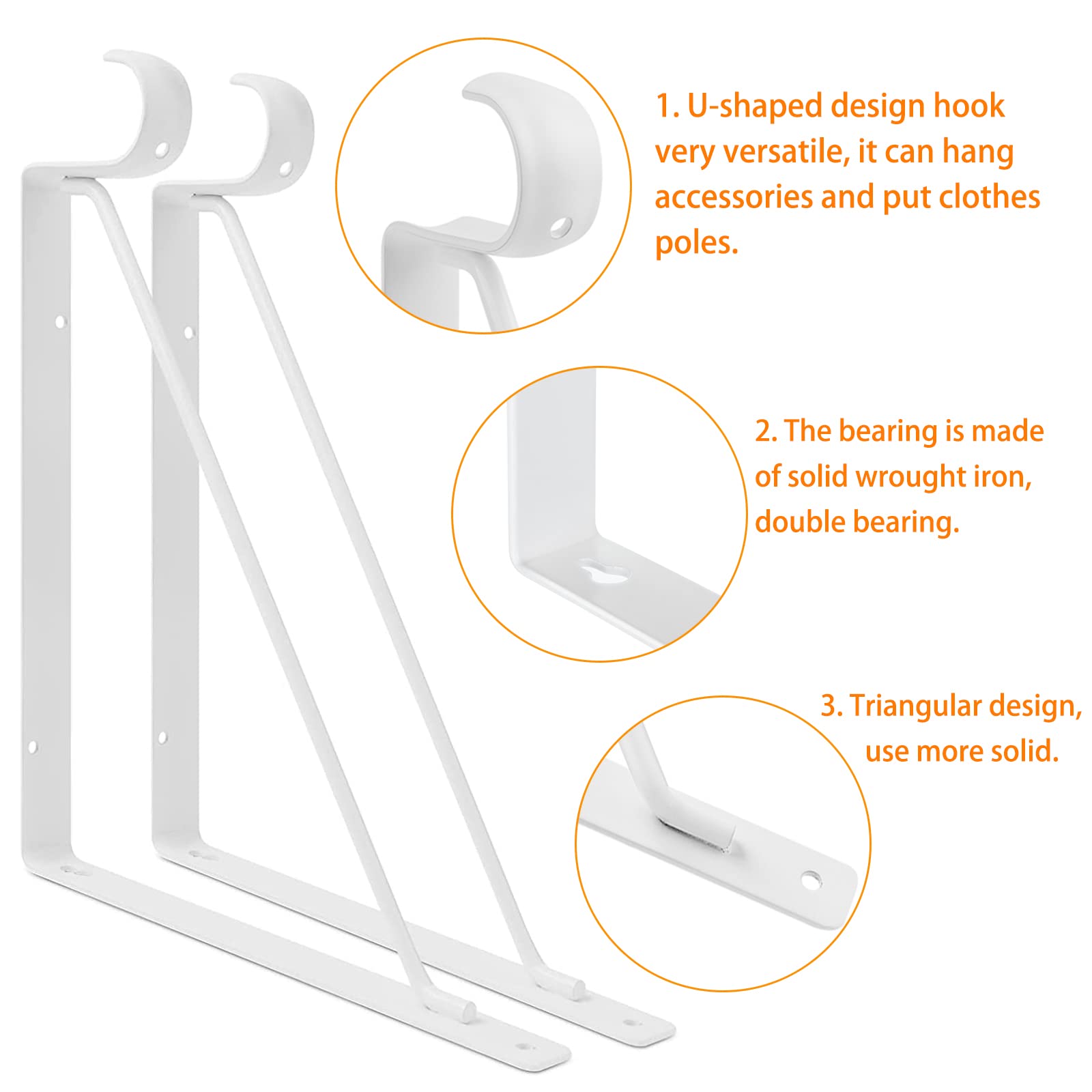 4 Pack Heavy Duty Closet Rod Bracket 11”x11” Closet Shelf & Rod Brackets, Closet Shelf Bracket with Rod Holder, Right Angle 1-3/8” Dia White Closet Rod Support Bracket for Revive Your Sagging Rod