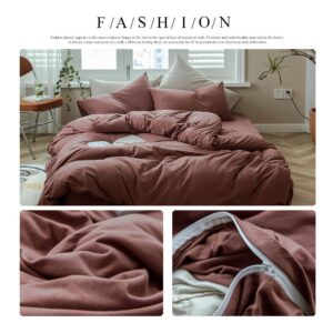 AMWAN Brick Red Duvet Cover Twin Knitted Cotton Solid Color Bedding Set Simple Style Jersey Knit Cotton Comforter Cover Solid Red Bedding Collection 1 Duvet Cover with 2 Pillowcases Twin