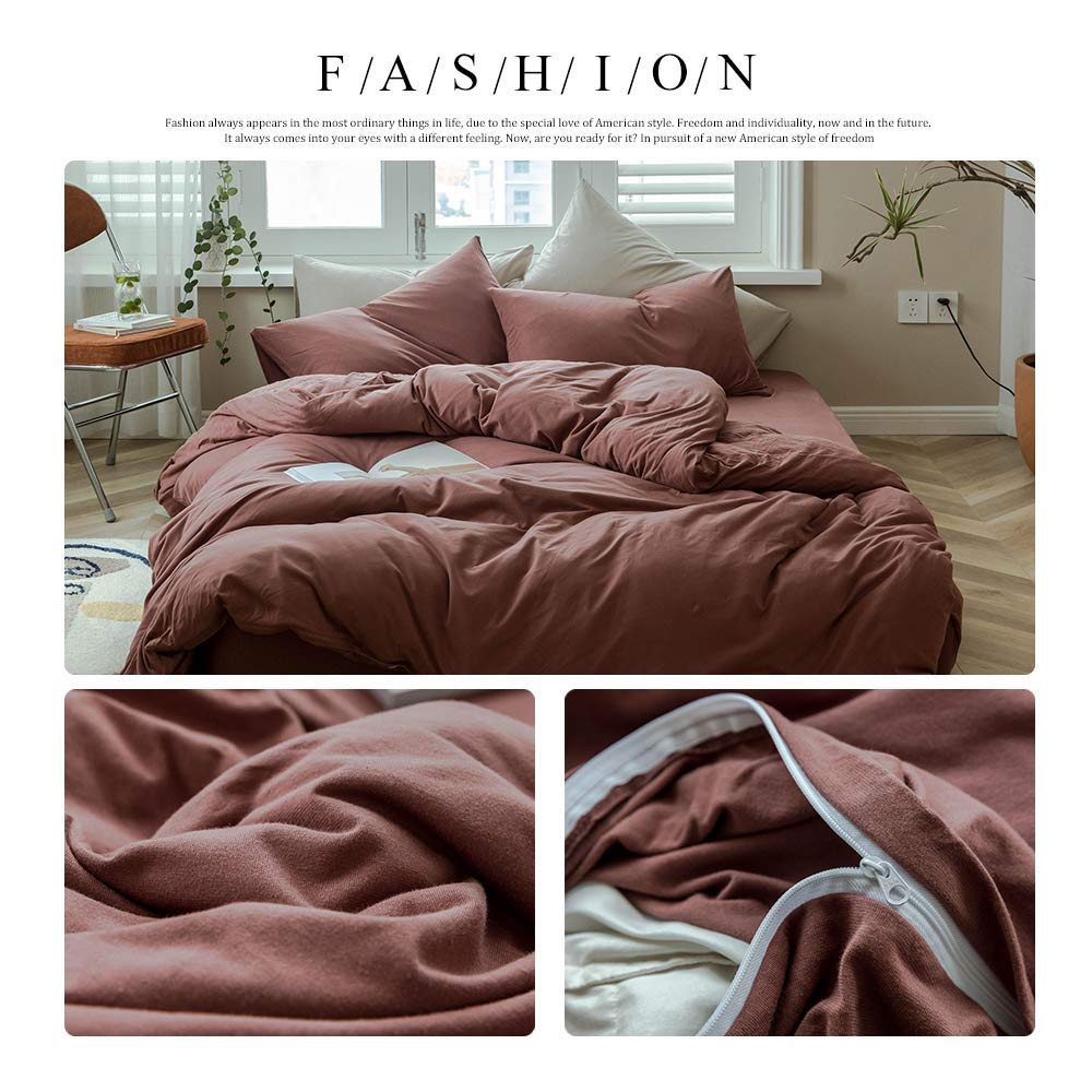 AMWAN Brick Red Duvet Cover Twin Knitted Cotton Solid Color Bedding Set Simple Style Jersey Knit Cotton Comforter Cover Solid Red Bedding Collection 1 Duvet Cover with 2 Pillowcases Twin