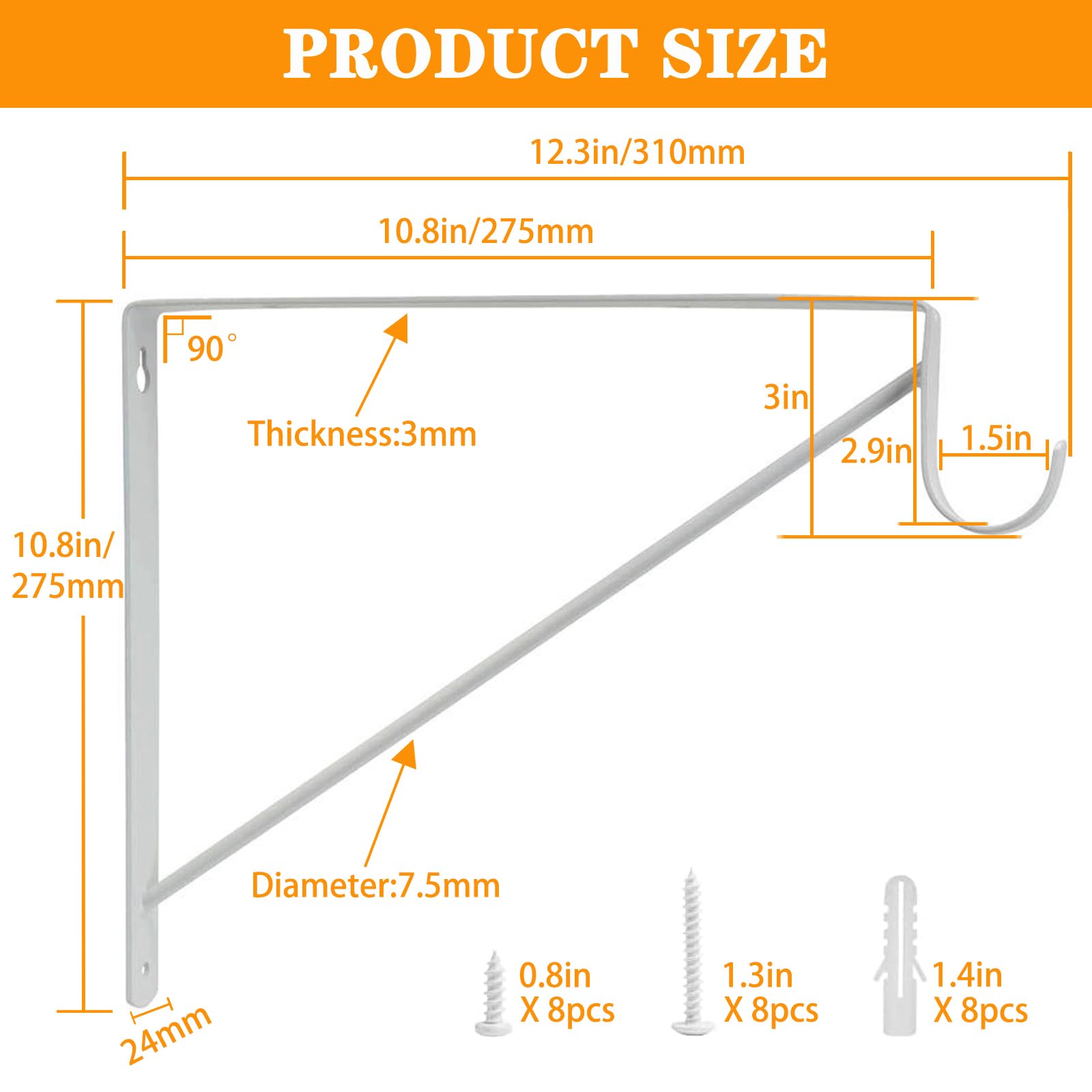 4 Pack Heavy Duty Closet Rod Bracket 11”x11” Closet Shelf & Rod Brackets, Closet Shelf Bracket with Rod Holder, Right Angle 1-3/8” Dia White Closet Rod Support Bracket for Revive Your Sagging Rod