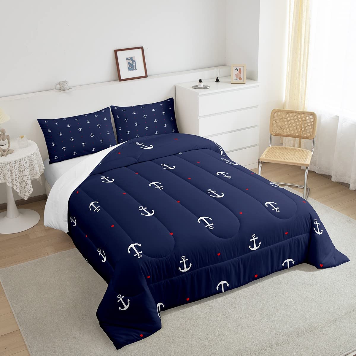 Anchor Comforter Set Full,Nautical Themed Bedding Set 3pcs for Kids Teens Boys Room Decor,Lovely Small Heart Bedding Comforter Navy Blue Microfiber Down Comforter with 2 Pillowcases