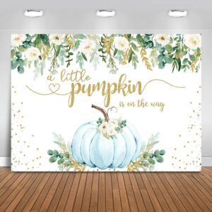 Mocsicka Boy Pumpkin Baby Shower Backdrop Greenery Blue Floral Fall Baby Shower Background A Little Pumpkin is On The Way Baby Shower Party Cake Table Decoration Banner Photo Booth Props (7x5ft)