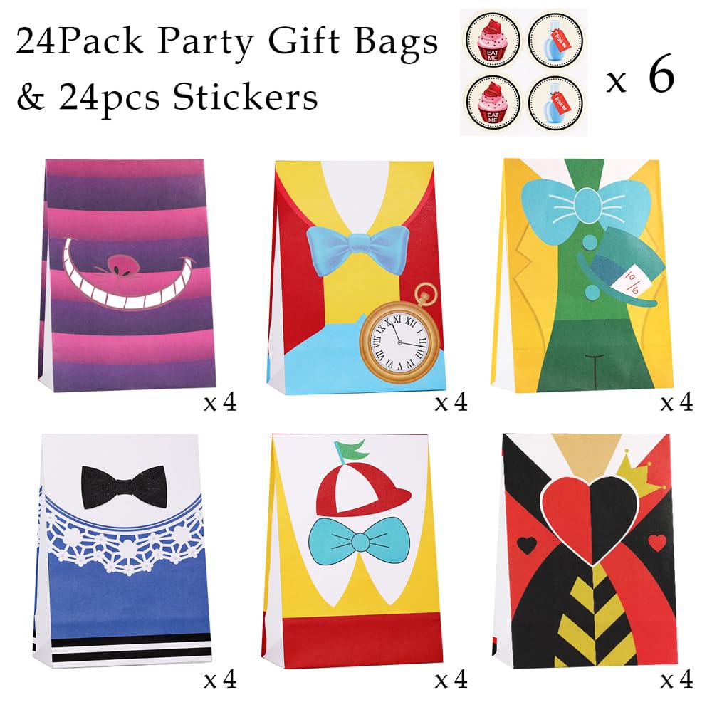 Alice in Wonderland Party Gift Bags, 24 Pack Alice in Wonderland Party Favor Bags with Stickers, Alice in Wonderland Party Bag, Alice Party Supplies for Alice in Wonderland Party Decorations