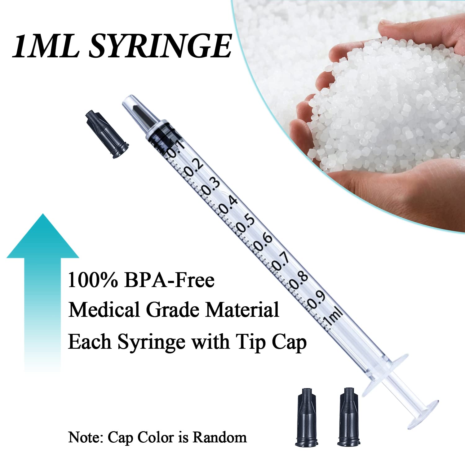 1ml Sryinge with Cap, Luer Slip Tip, Whole Pack Bulk Sterile Sealed, No Needle (100 pcs, 1ML)