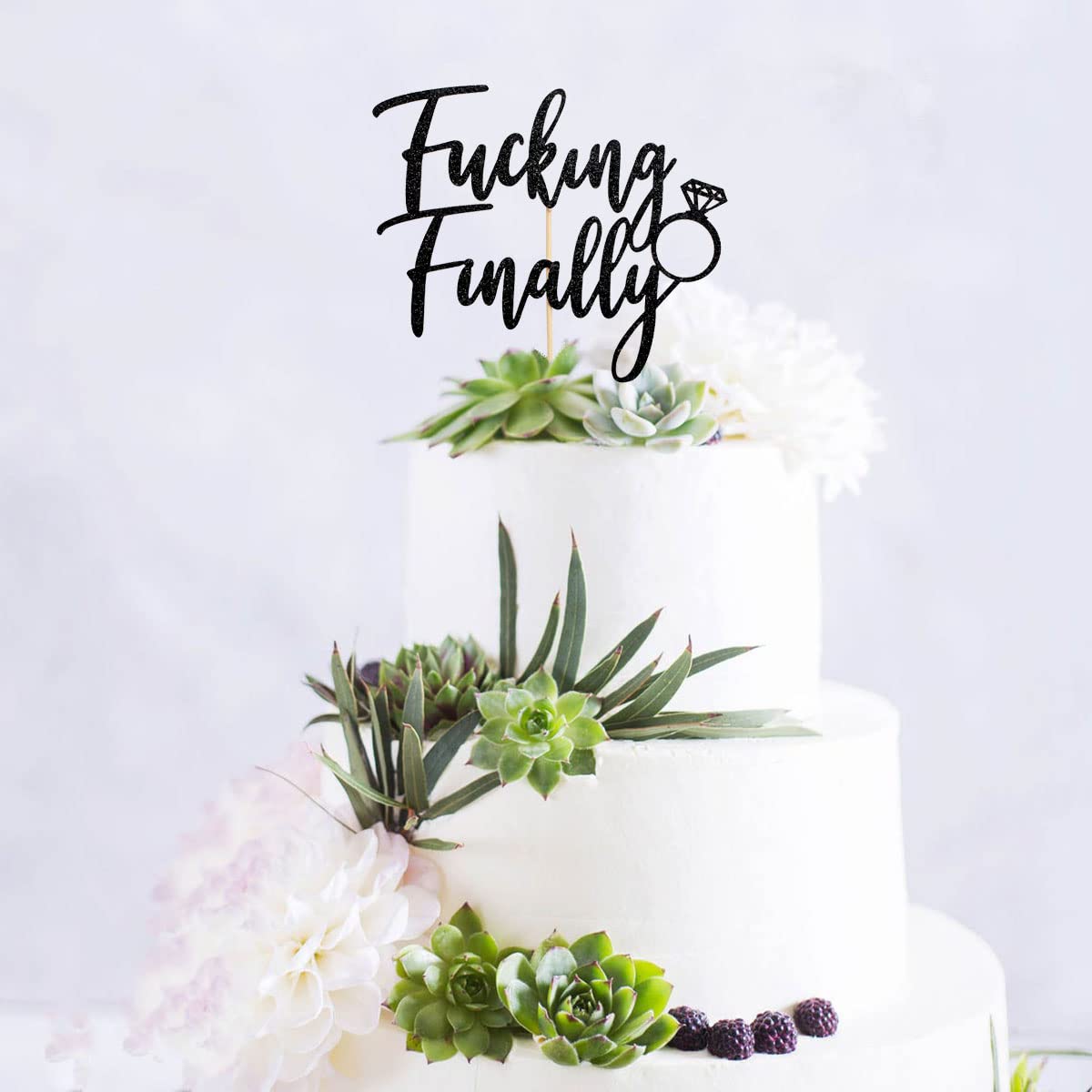 Fucking Finally with Diamond Ring Cake Topper, Funny Wedding Engagement Bridal Shower Bachelorette Party Decorations, Black Glitter