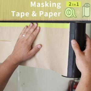 Pre-Taped Masking Paper for Painting - 12 inch x 50 feet Tape and Drape Painters Paper, Paint Adhesive Protective Paper Roll for Covering Skirting, Frames, Cars and Auto Body (1 Roll)