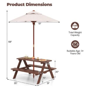 Olakids Kids Picnic Table, Outdoor Toddler Wooden Table and Chair Set with Removable Umbrella, Children Activity Furniture Bench Set for Patio Garden Backyard