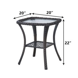 HUMMUH Patio Wicker Side Table Outdoor, Rattan End Table Glass Top Coffee Table with Storage Grey