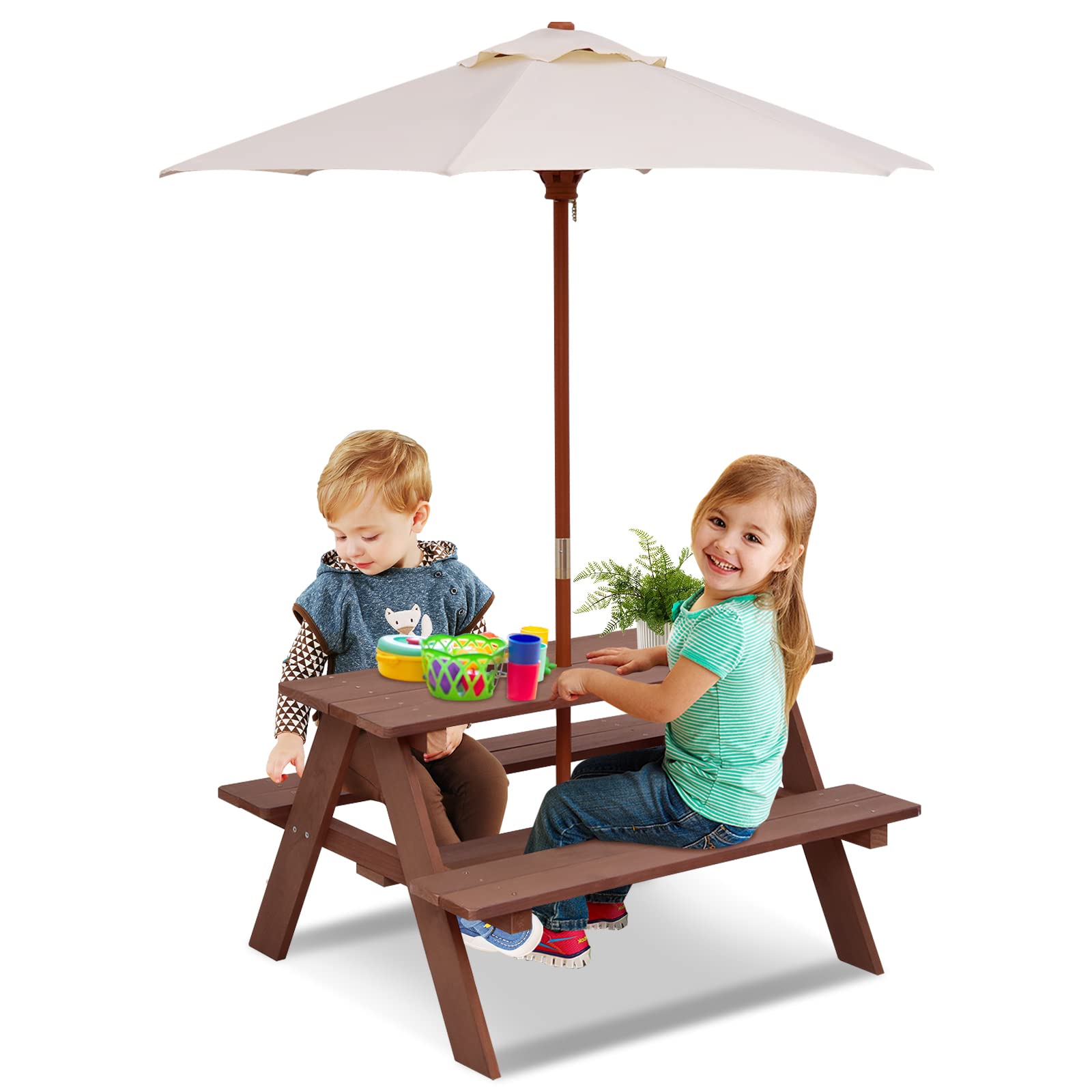 Olakids Kids Picnic Table, Outdoor Toddler Wooden Table and Chair Set with Removable Umbrella, Children Activity Furniture Bench Set for Patio Garden Backyard