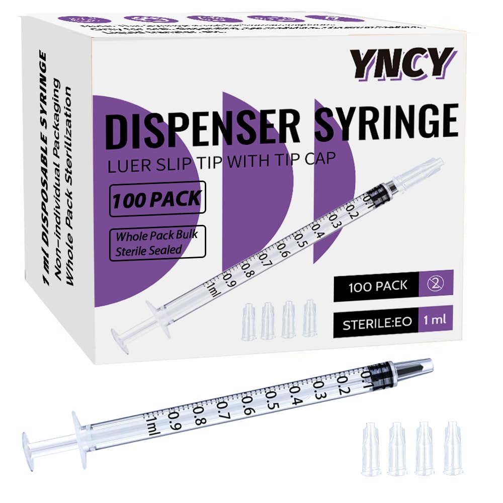 1ml Sryinge with Cap, Luer Slip Tip, Whole Pack Bulk Sterile Sealed, No Needle (100 pcs, 1ML)