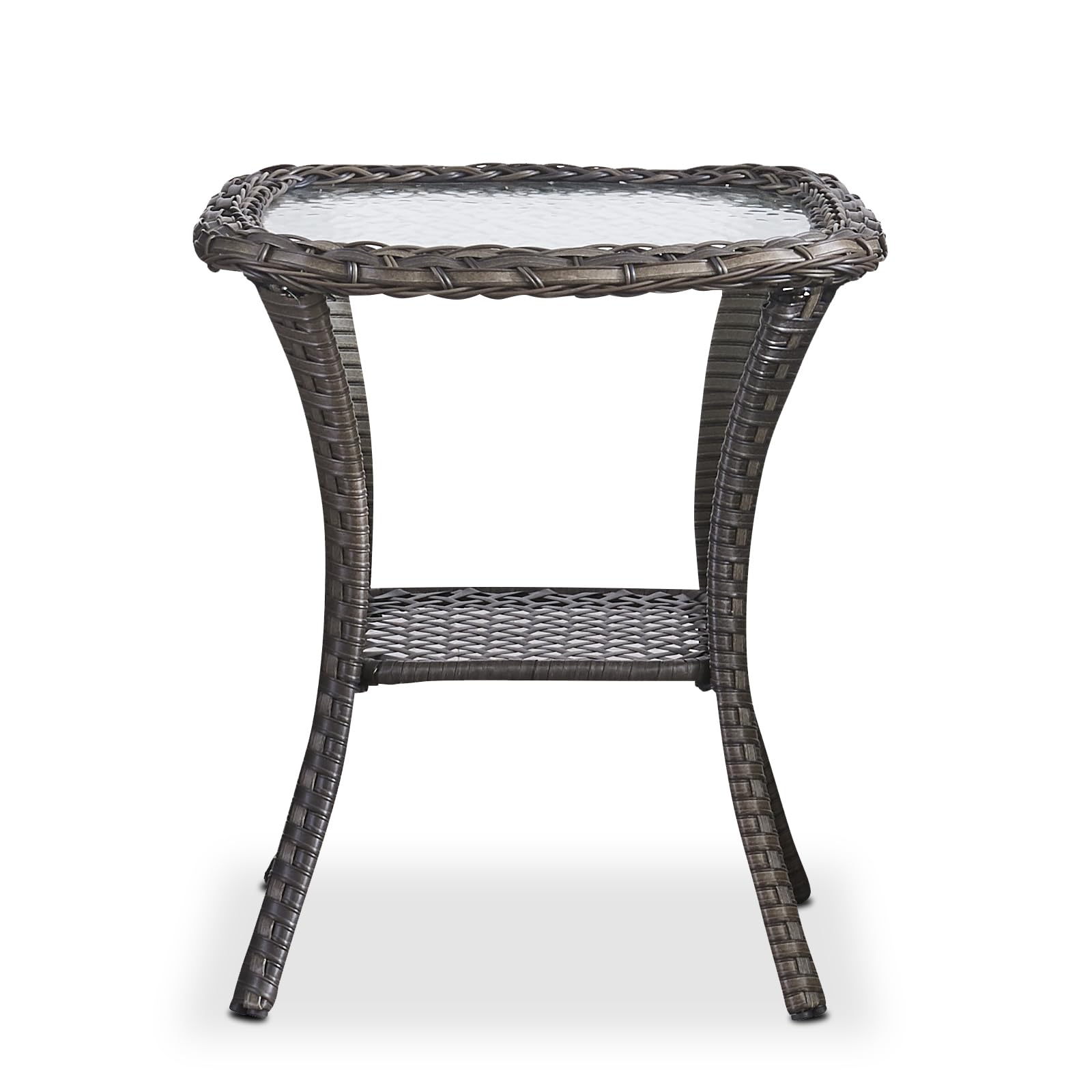 HUMMUH Patio Wicker Side Table Outdoor, Rattan End Table Glass Top Coffee Table with Storage Grey