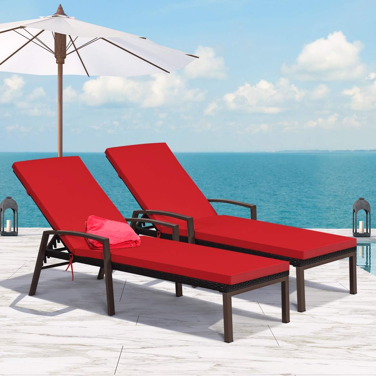 DORTALA Set of 2 Patio Chaise Lounge, Outdoor Wicker Rattan Chaise with Adjustable Backrest and Armrest for Beach Pool Yard, Rattan Sun Lounger with Padded Cushion, Red