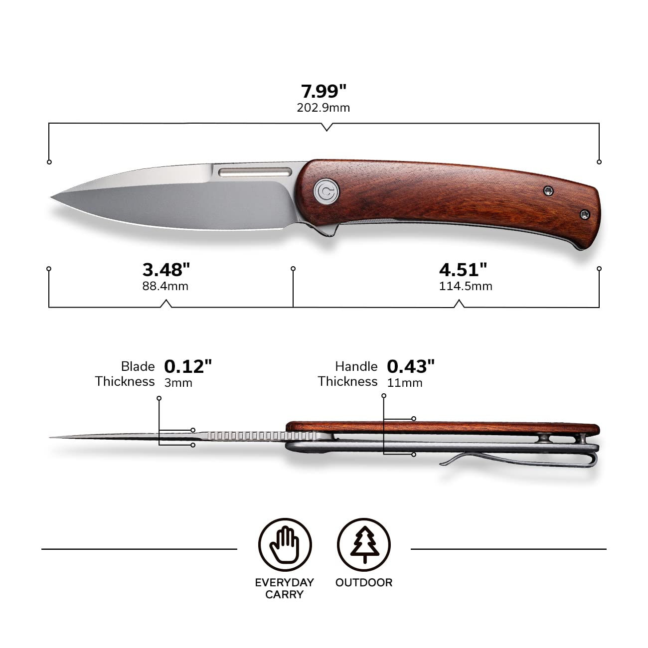 CIVIVI Cetos Folding Knife, 3.48-in 14C28N Blade Spear Point with Cuibourtia Wood Scale Flipper Knife Frame Lock, Pocket EDC Outdoor Knives for Camping, Hiking, Hunting C21025B-4