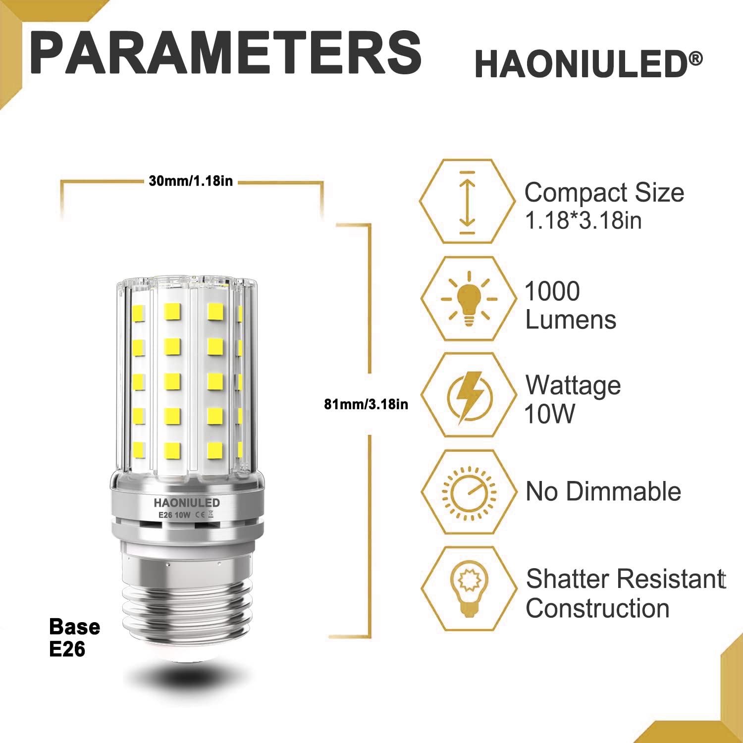 E26 10W LED Light bulbs, 6000K Daylight White, 1000 lumen, 100 Watt Equivalent Incandescent Bulbs, Non-dimmable Edison Candelabra Ceiling Fan led Bulbs, Flicker Free, Tubular LED Corn Bulb, 5 Pack