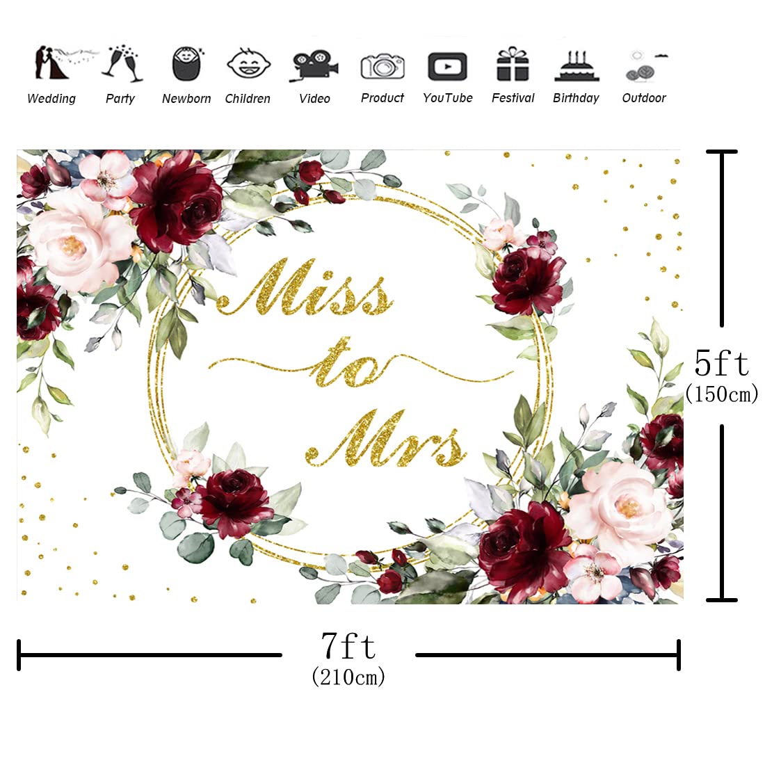 Aperturee 7x5ft Miss to Mrs Bridal Shower Backdrop Bride to Be Pink Burgundy Floral Green Leaves Engagement Wedding Shower Couples Photography Background Party Decorations Banner Photo Booth Studio