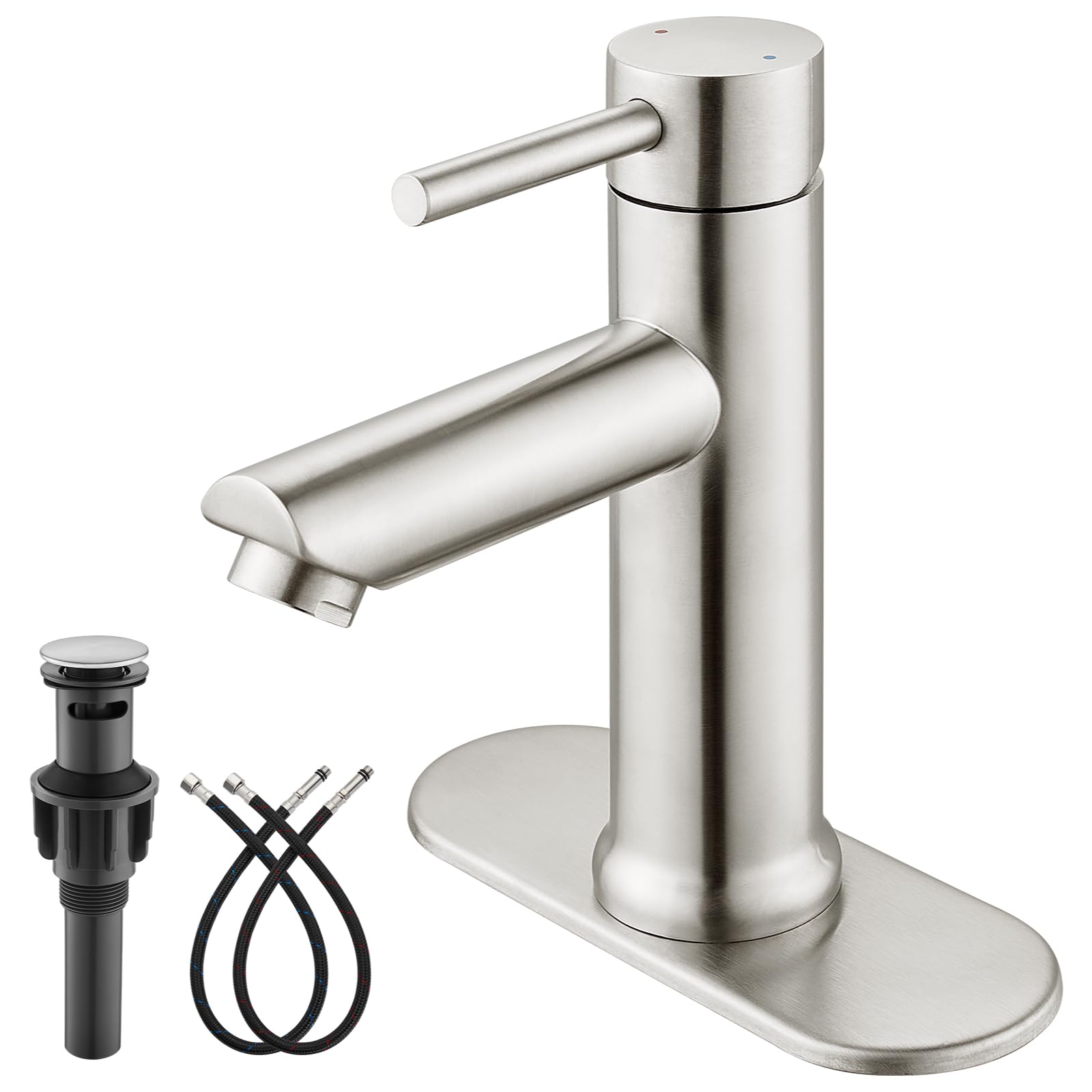 Heyalan Bathroom Sink Faucet Stainless Steel SUS304 Brushed Nickel Single Handle 1-3 Hole Hot and Cold Water Deck Mount Lavatory Faucet Kitchen Tap with Deck Plate and Drain