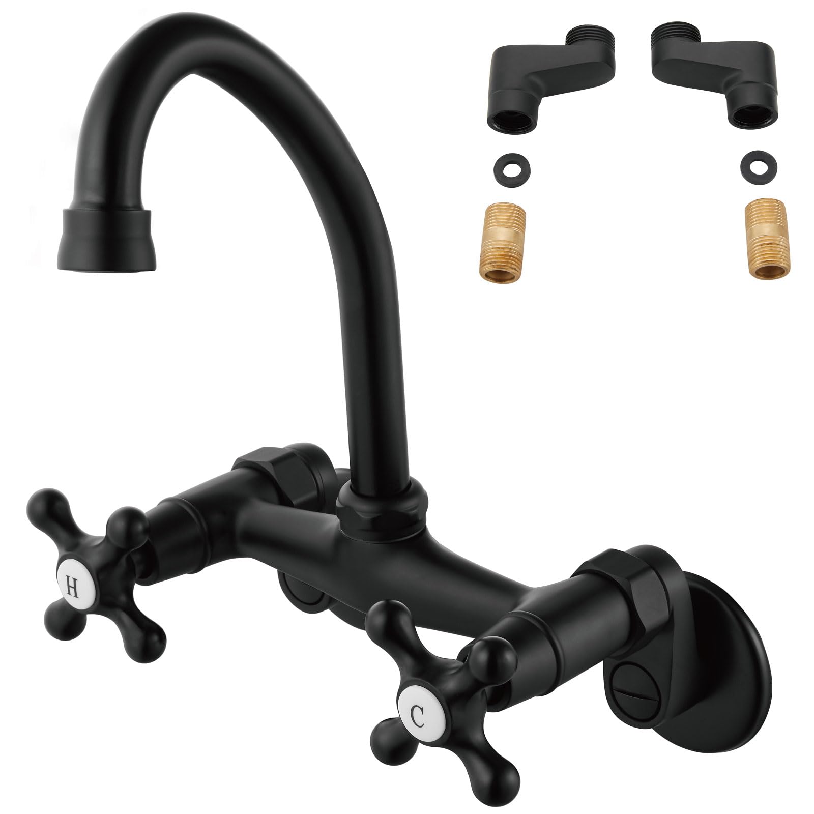 Aolemi Wall Mount Kitchen Faucet 6 Inch Center with Swivel Spout Adjustable Spread 2 Cross Handle Basin Sink Mixer Tap, Matte Black, H&C Label