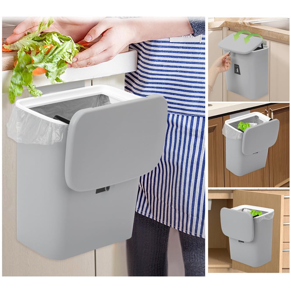 MUGYPYR Compost Bin for Kitchen -2.4 Gallons/9L Trash Can for Under Sink,Hanging Small Trash Can with Lid for Bathroom/Bedroom, Indoor Compost Bucket (Grey)