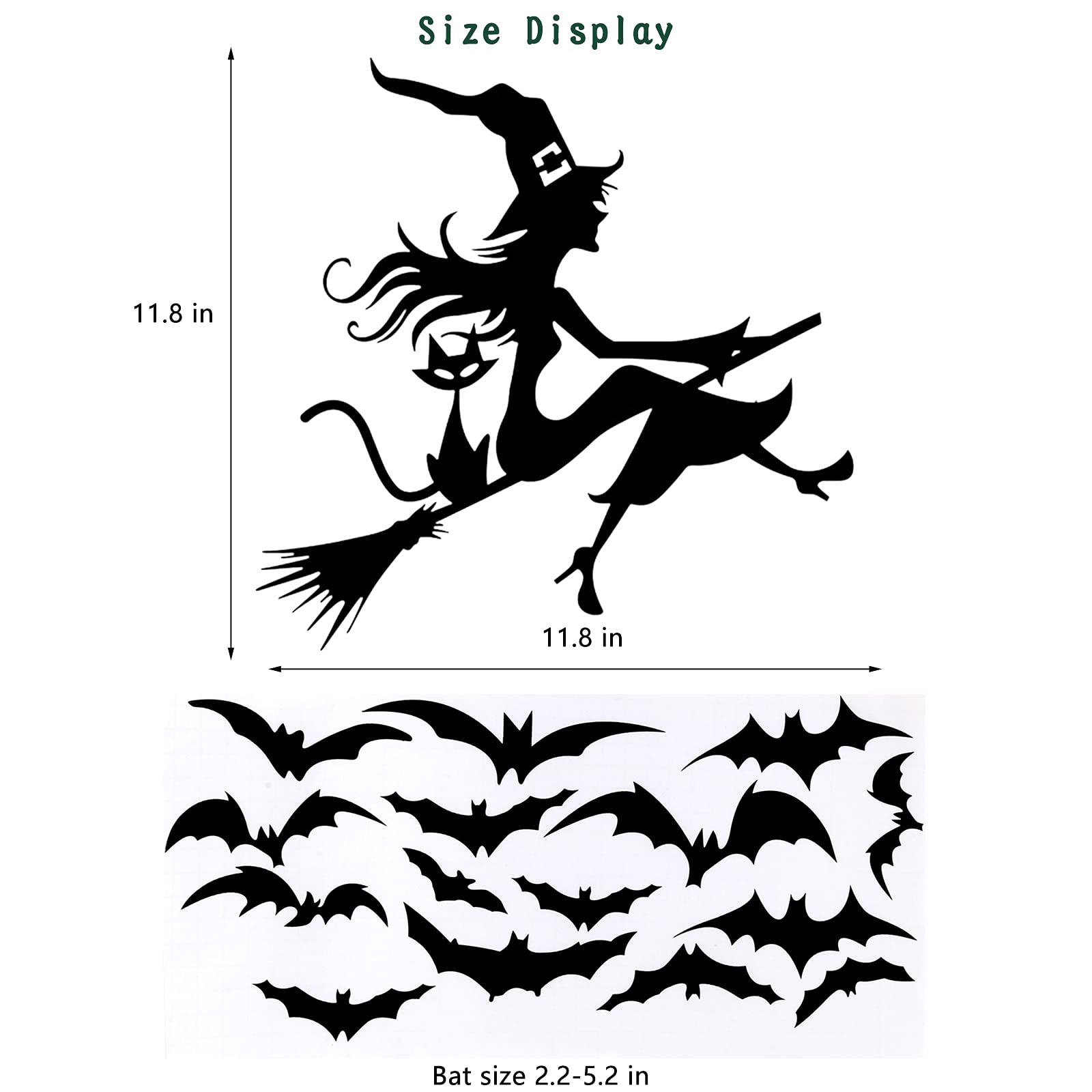 Lucleag 32 PCS Halloween Wall Stickers, Flying Witch on Broom Bats Wall Decals, Halloween Black Cat and Bat Decal Wall Stickers, Removable Vinyl Decal Stickers for Halloween Party Decoration