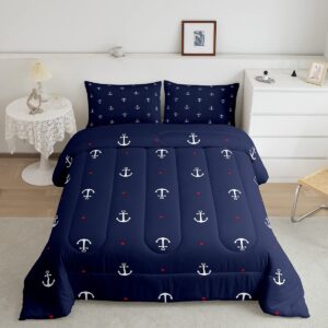 anchor comforter set full,nautical themed bedding set 3pcs for kids teens boys room decor,lovely small heart bedding comforter navy blue microfiber down comforter with 2 pillowcases