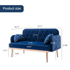 Nrizc Velvet Sofa Couch with 2 Pillows, Modern Small Loveseat Sofa with Golden Metal Legs, Navy Couch for Living Room