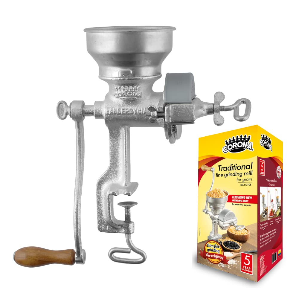 Corona Corn Grinder with Low Hopper, Grain Mill, Manual Grinder For Corn, Rice, Soybeans, Pepper, Chickpeas, Cast Iron Wheat Grinder For Domestic Use